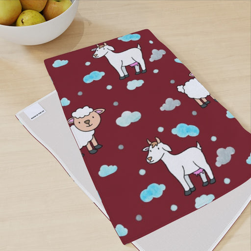 Tea Towel - Goat and Sheep on Burgundy - printonitshop